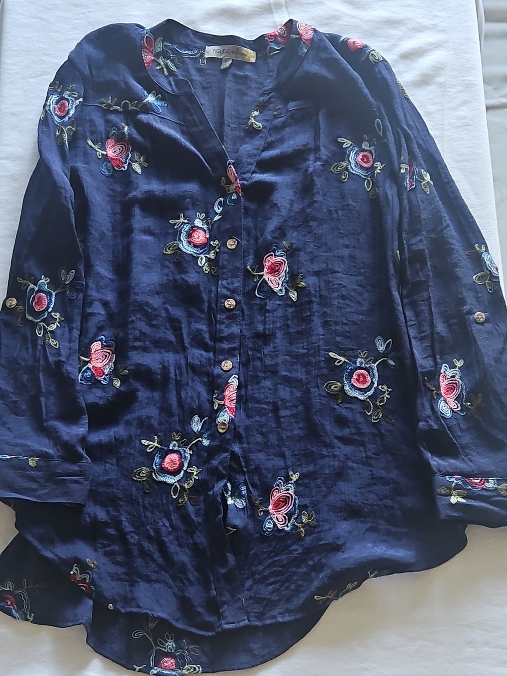 Figuerca & Flower Navy Floral Embroidered Button-Up Shirt